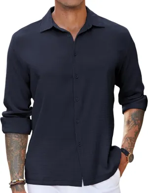COOFANDY Men's Casual Long Sleeve Button Down Shirt Textured Wrinkle-Free Untucked Shirts