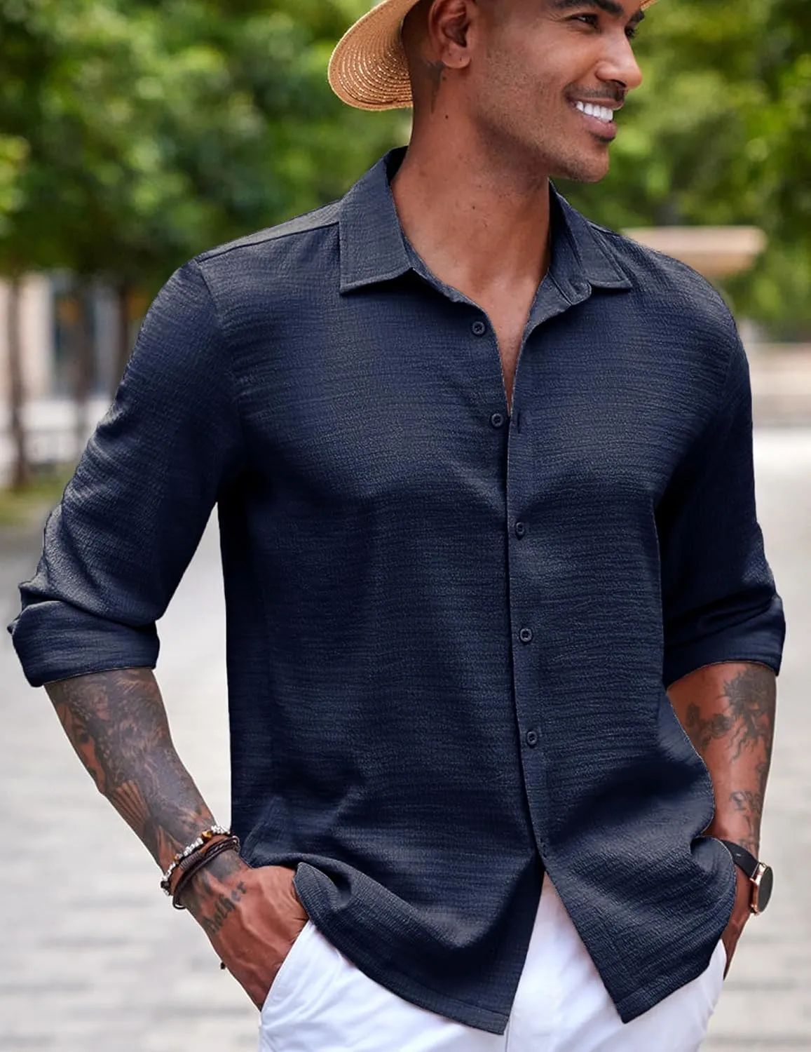 COOFANDY Men's Casual Long Sleeve Button Down Shirt Textured Wrinkle-Free Untucked Shirts