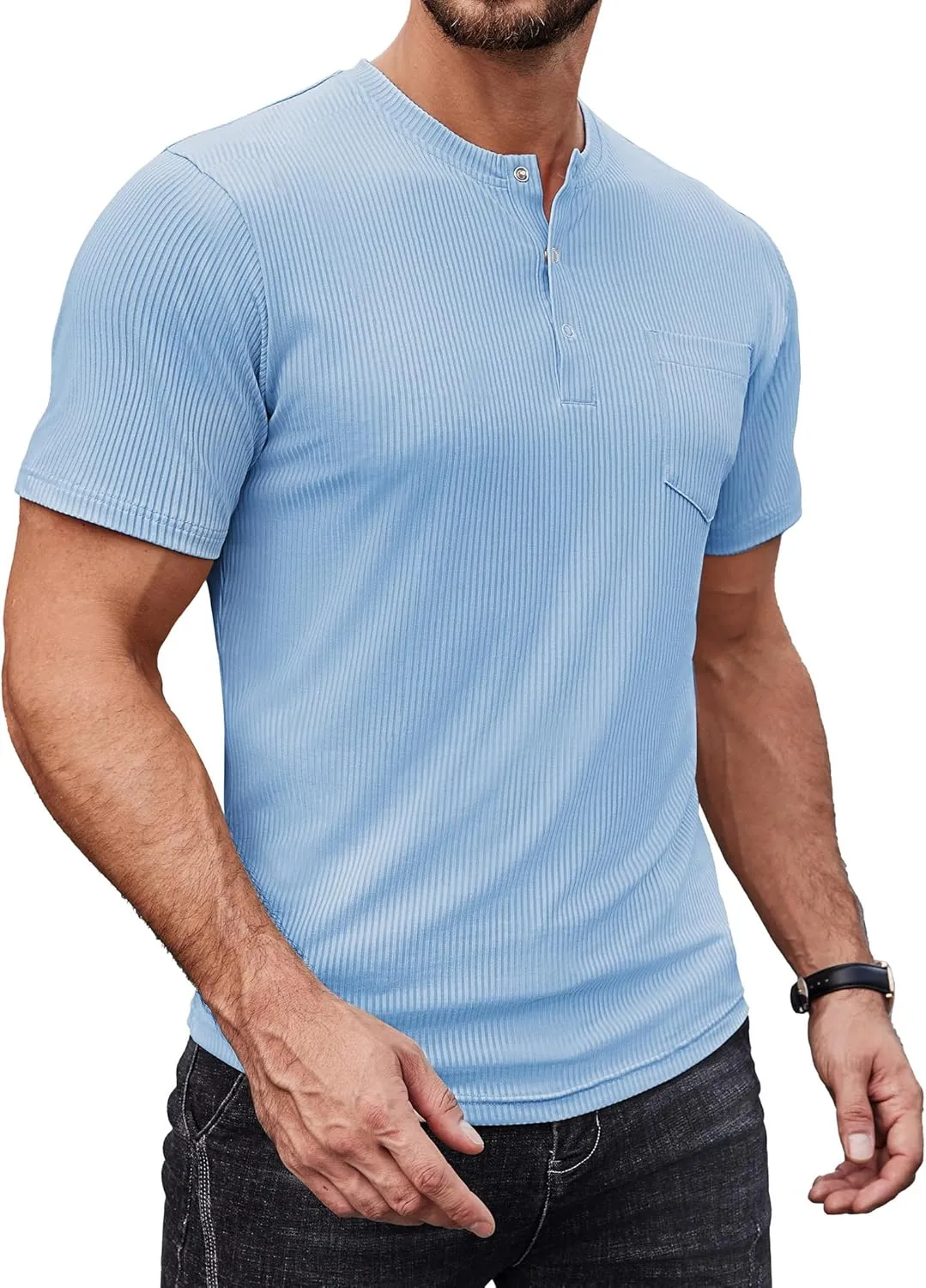 COOFANDY Mens Henley Shirts Short Sleeve Tshirt Basic Button Tees Summer Ribbed Pocket T Shirt Casual Stretch Tops