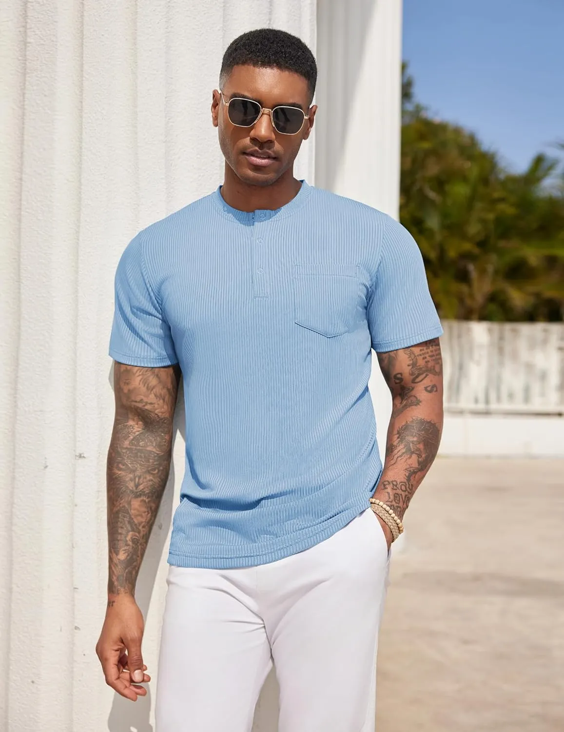 COOFANDY Mens Henley Shirts Short Sleeve Tshirt Basic Button Tees Summer Ribbed Pocket T Shirt Casual Stretch Tops