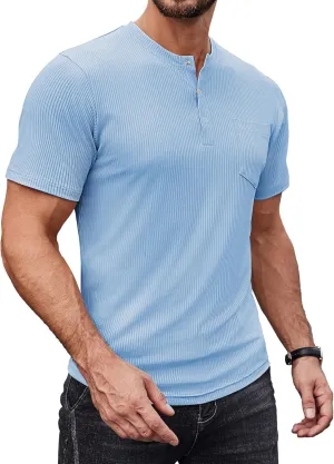 COOFANDY Mens Henley Shirts Short Sleeve Tshirt Basic Button Tees Summer Ribbed Pocket T Shirt Casual Stretch Tops