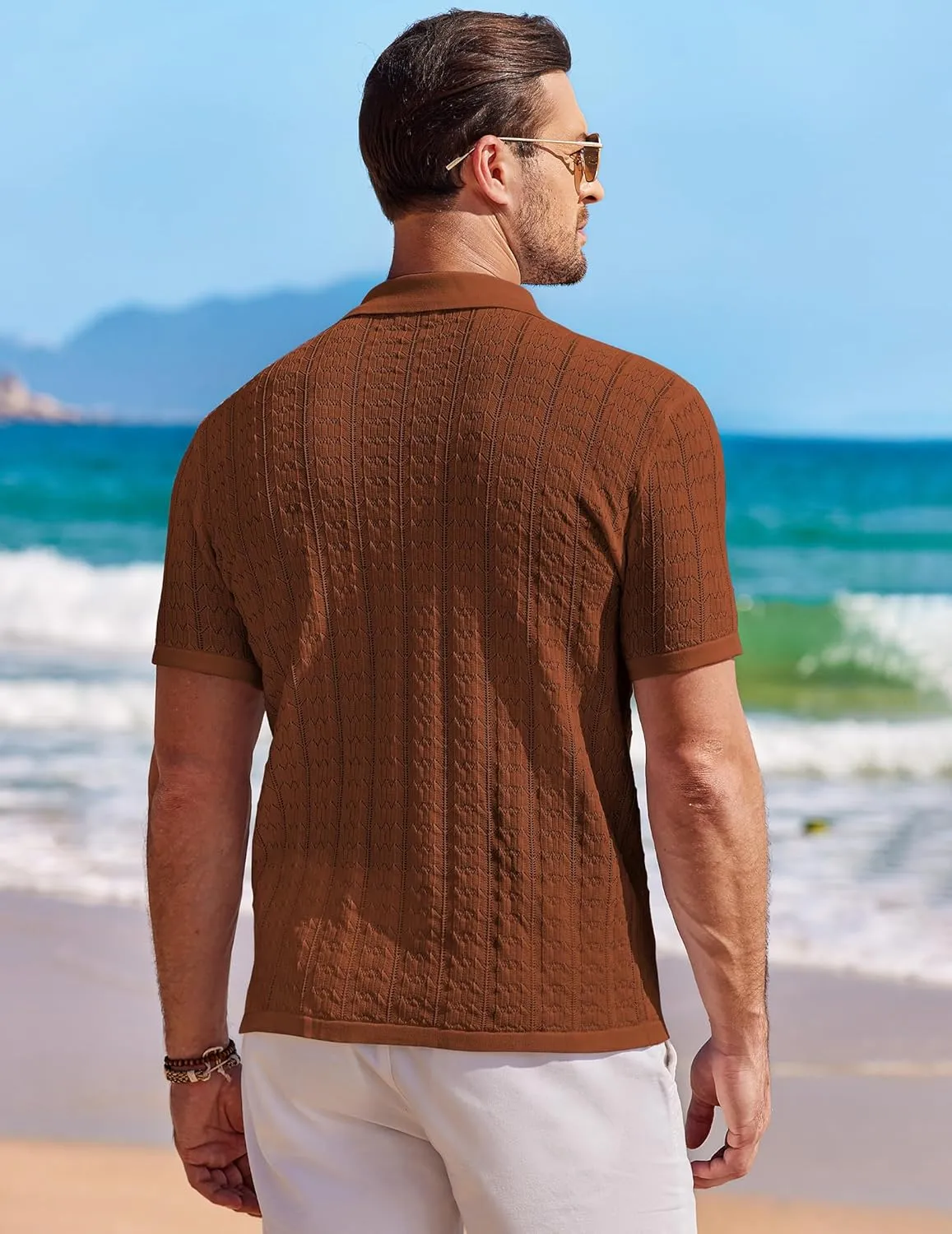 COOFANDY Men's Knit Button Down Shirt Short Sleeve Vintage Polo Shirts Summer Casual Beach Tops