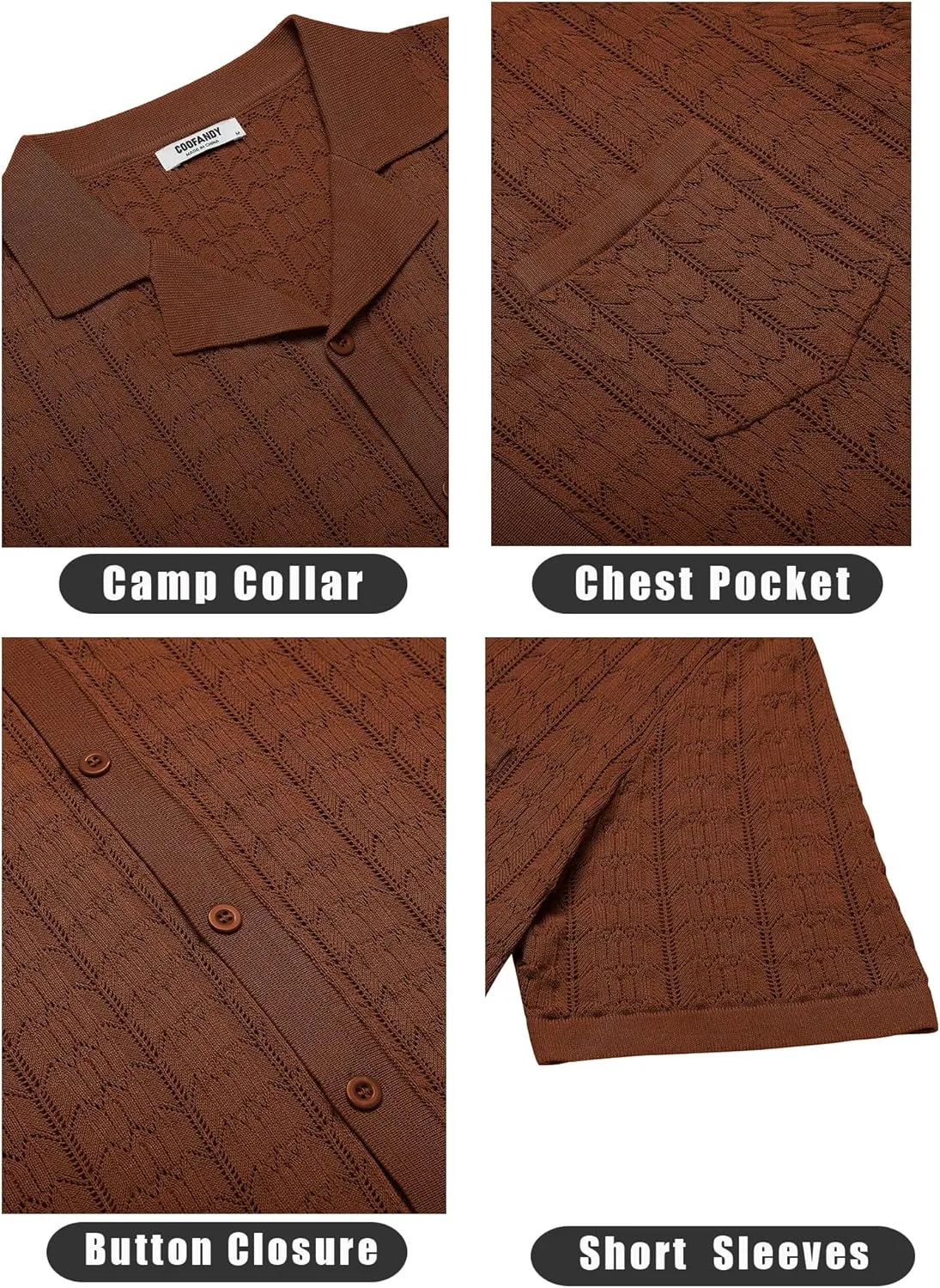 COOFANDY Men's Knit Button Down Shirt Short Sleeve Vintage Polo Shirts Summer Casual Beach Tops