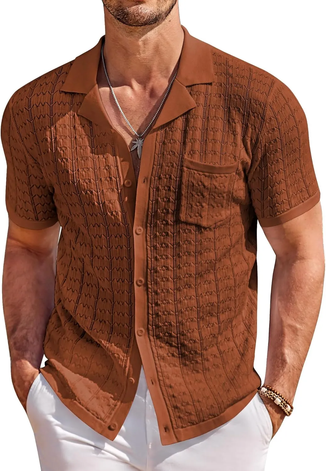 COOFANDY Men's Knit Button Down Shirt Short Sleeve Vintage Polo Shirts Summer Casual Beach Tops