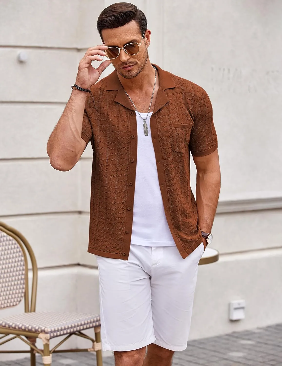 COOFANDY Men's Knit Button Down Shirt Short Sleeve Vintage Polo Shirts Summer Casual Beach Tops