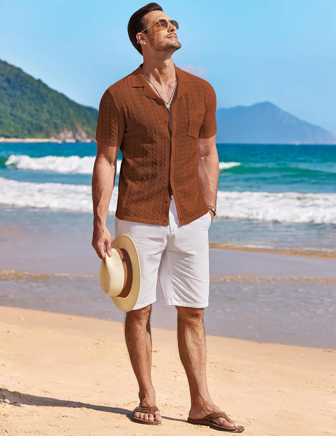 COOFANDY Men's Knit Button Down Shirt Short Sleeve Vintage Polo Shirts Summer Casual Beach Tops