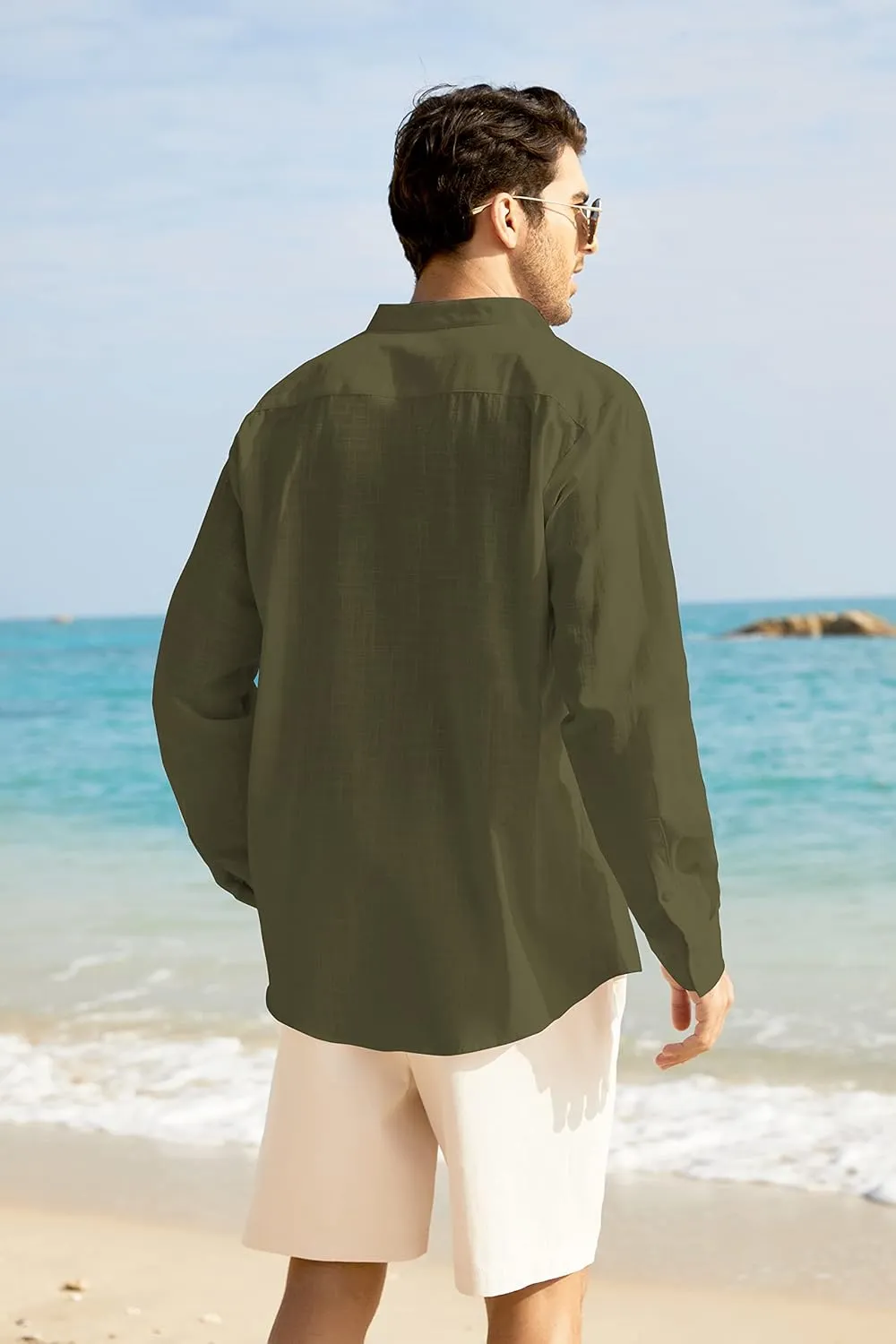 COOFANDY Men's Long Sleeve Cotton Linen Shirt Beach Button Down Shirts Casual Button Up Shirt Summer Yoga Tops with Pocket