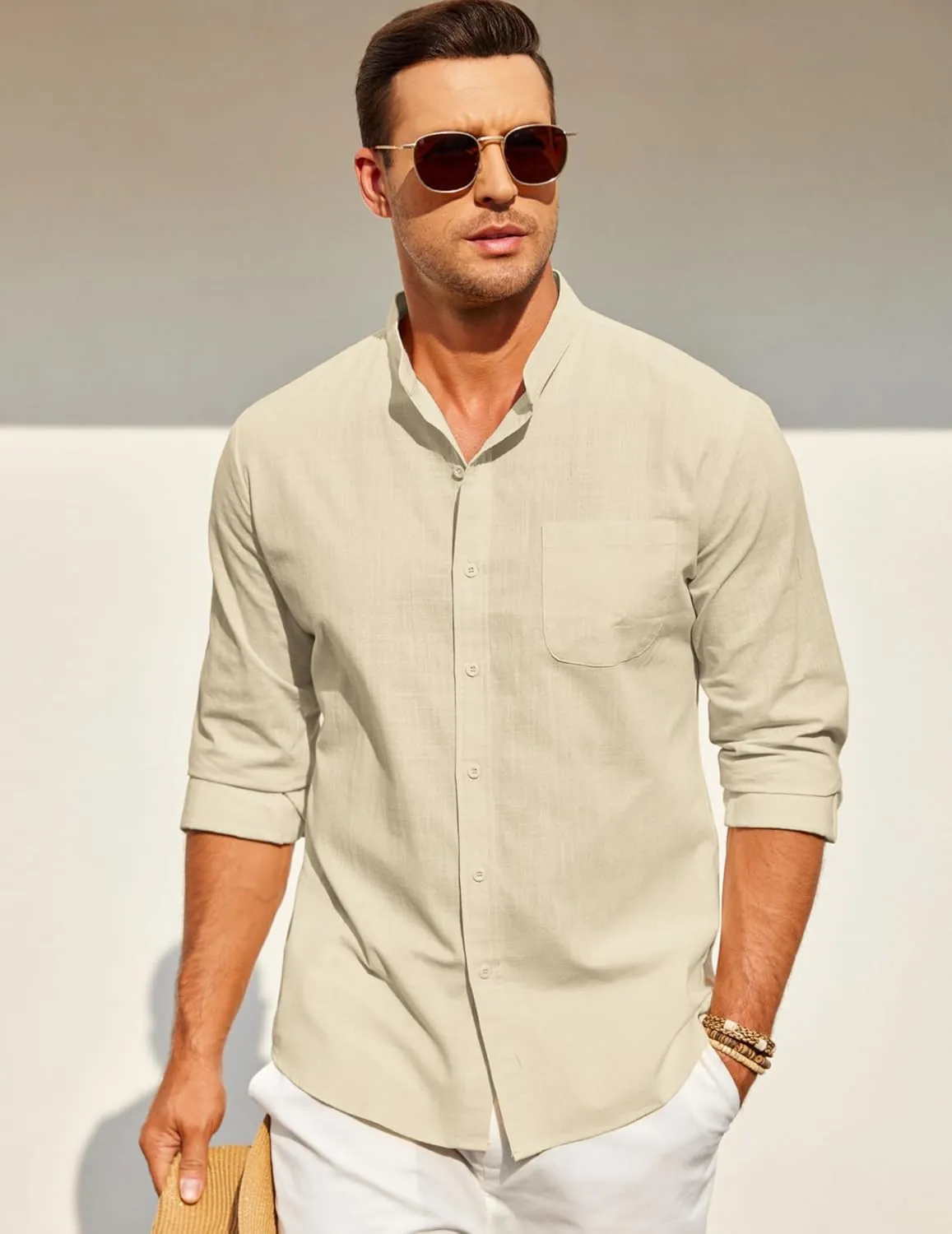 COOFANDY Men's Long Sleeve Cotton Linen Shirt Beach Button Down Shirts Casual Button Up Shirt Summer Yoga Tops with Pocket