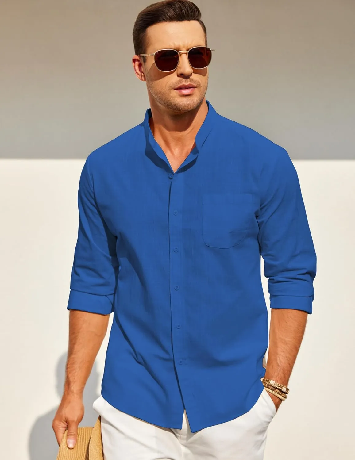COOFANDY Men's Long Sleeve Cotton Linen Shirt Beach Button Down Shirts Casual Button Up Shirt Summer Yoga Tops with Pocket