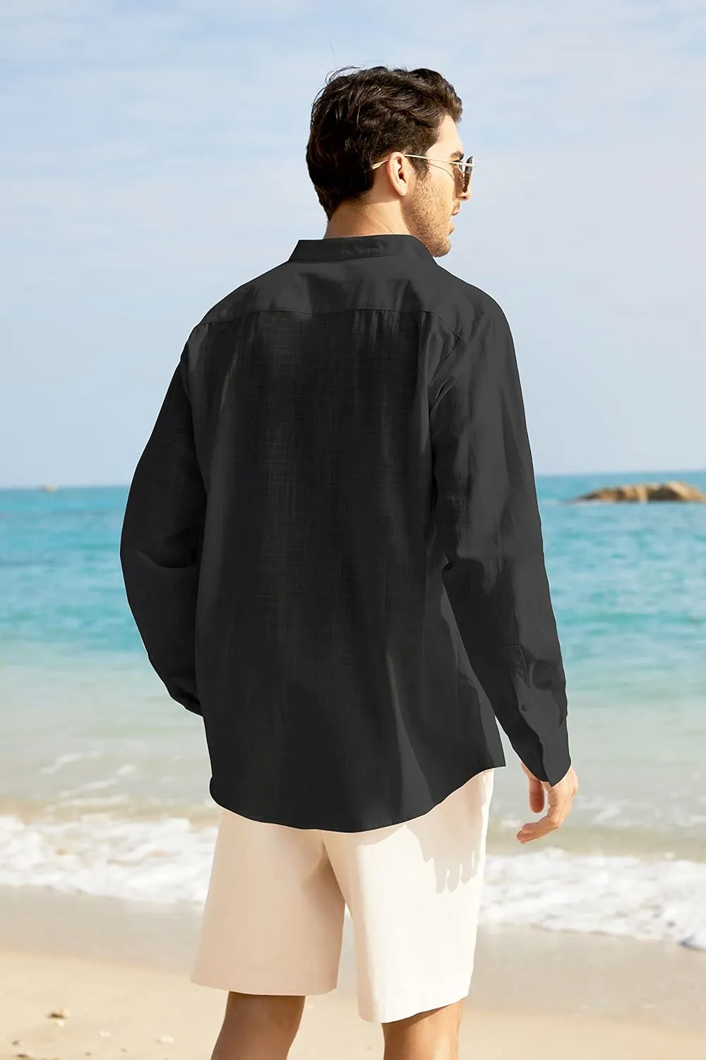 COOFANDY Men's Long Sleeve Cotton Linen Shirt Beach Button Down Shirts Casual Button Up Shirt Summer Yoga Tops with Pocket