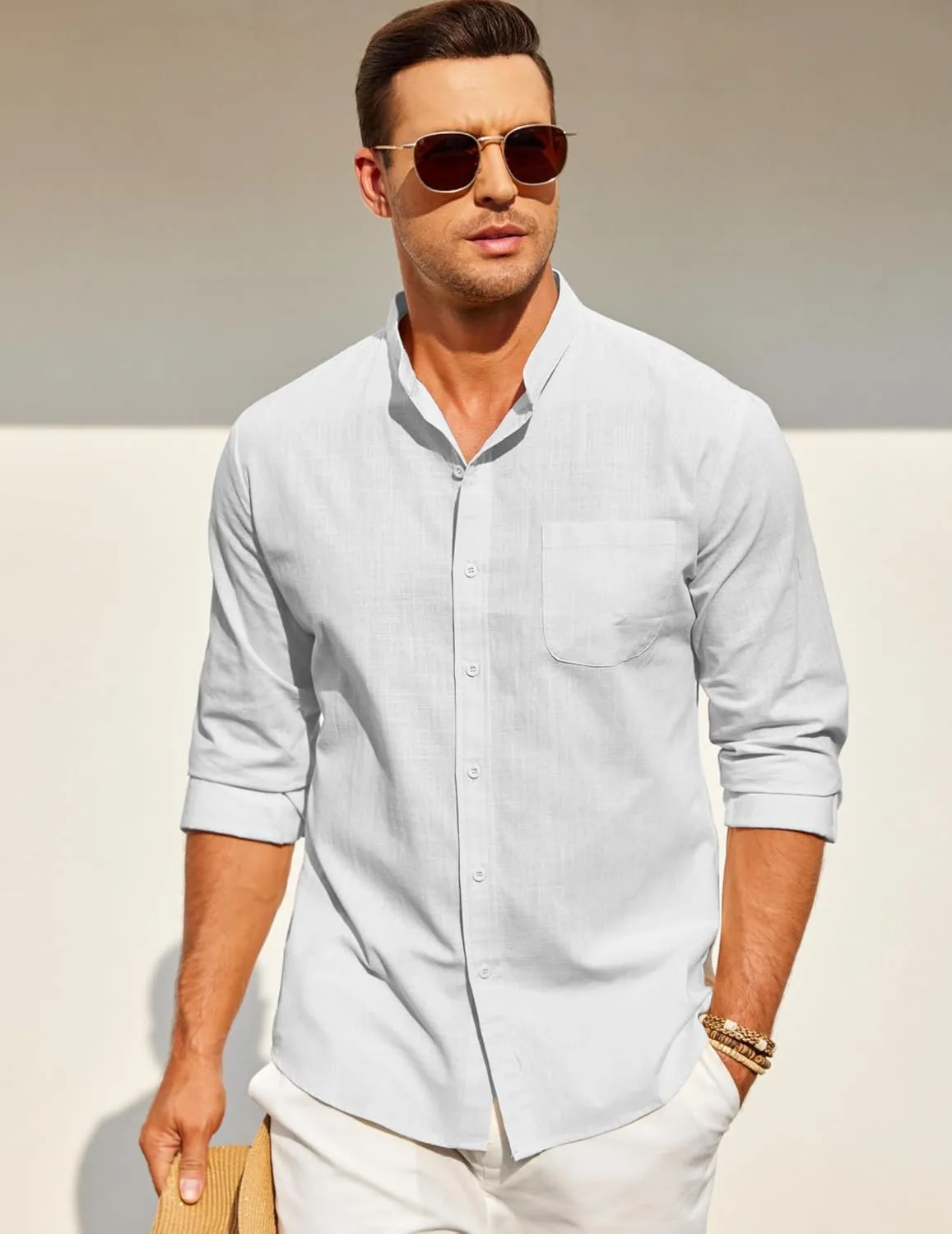 COOFANDY Men's Long Sleeve Cotton Linen Shirt Beach Button Down Shirts Casual Button Up Shirt Summer Yoga Tops with Pocket