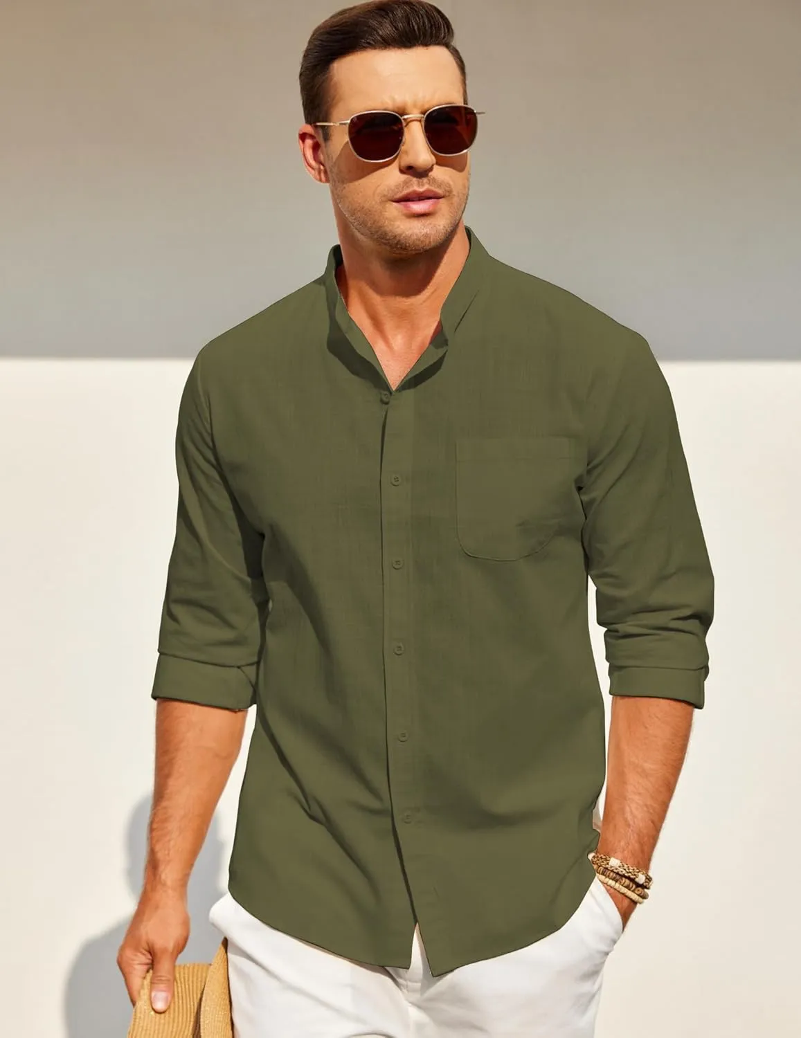 COOFANDY Men's Long Sleeve Cotton Linen Shirt Beach Button Down Shirts Casual Button Up Shirt Summer Yoga Tops with Pocket