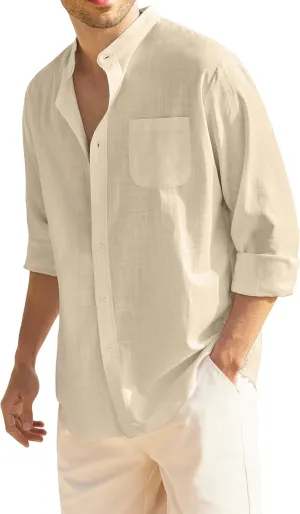 COOFANDY Men's Long Sleeve Cotton Linen Shirt Beach Button Down Shirts Casual Button Up Shirt Summer Yoga Tops with Pocket