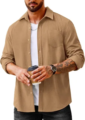COOFANDY Men's Waffle Button Down Shirts Casual Long Sleeve Shacket Jacket with Pockets