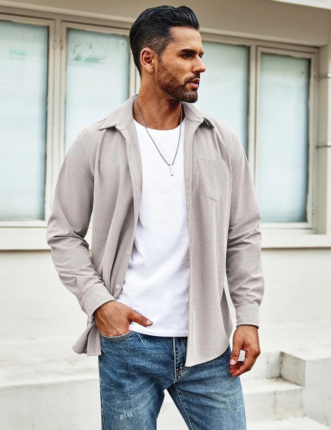 COOFANDY Men's Waffle Button Down Shirts Casual Long Sleeve Shacket Jacket with Pockets