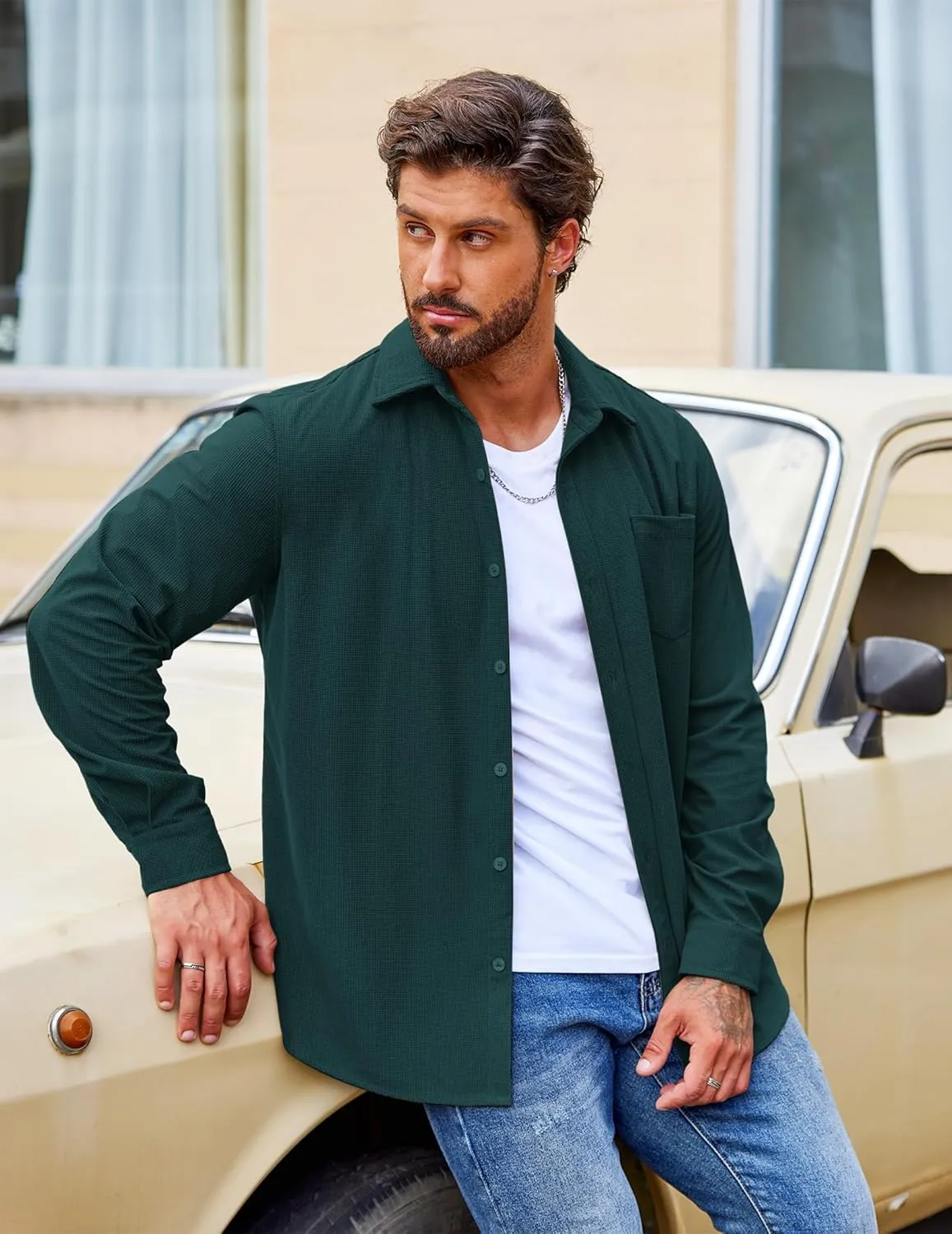 COOFANDY Men's Waffle Button Down Shirts Casual Long Sleeve Shacket Jacket with Pockets