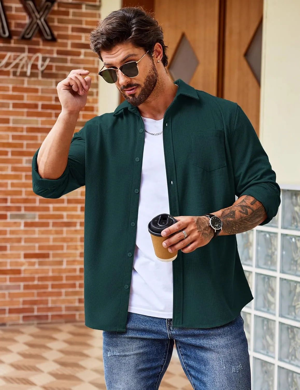 COOFANDY Men's Waffle Button Down Shirts Casual Long Sleeve Shacket Jacket with Pockets