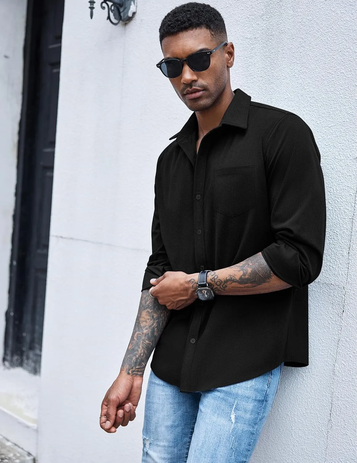 COOFANDY Men's Waffle Button Down Shirts Casual Long Sleeve Shacket Jacket with Pockets