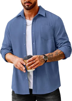 COOFANDY Men's Waffle Button Down Shirts Casual Long Sleeve Shacket Jacket with Pockets