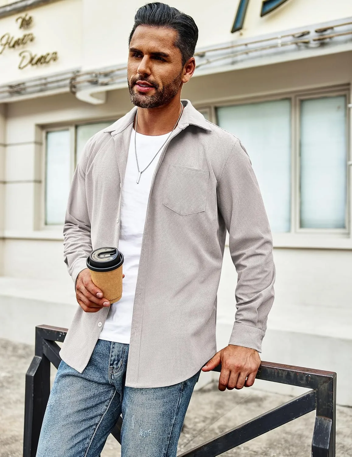 COOFANDY Men's Waffle Button Down Shirts Casual Long Sleeve Shacket Jacket with Pockets