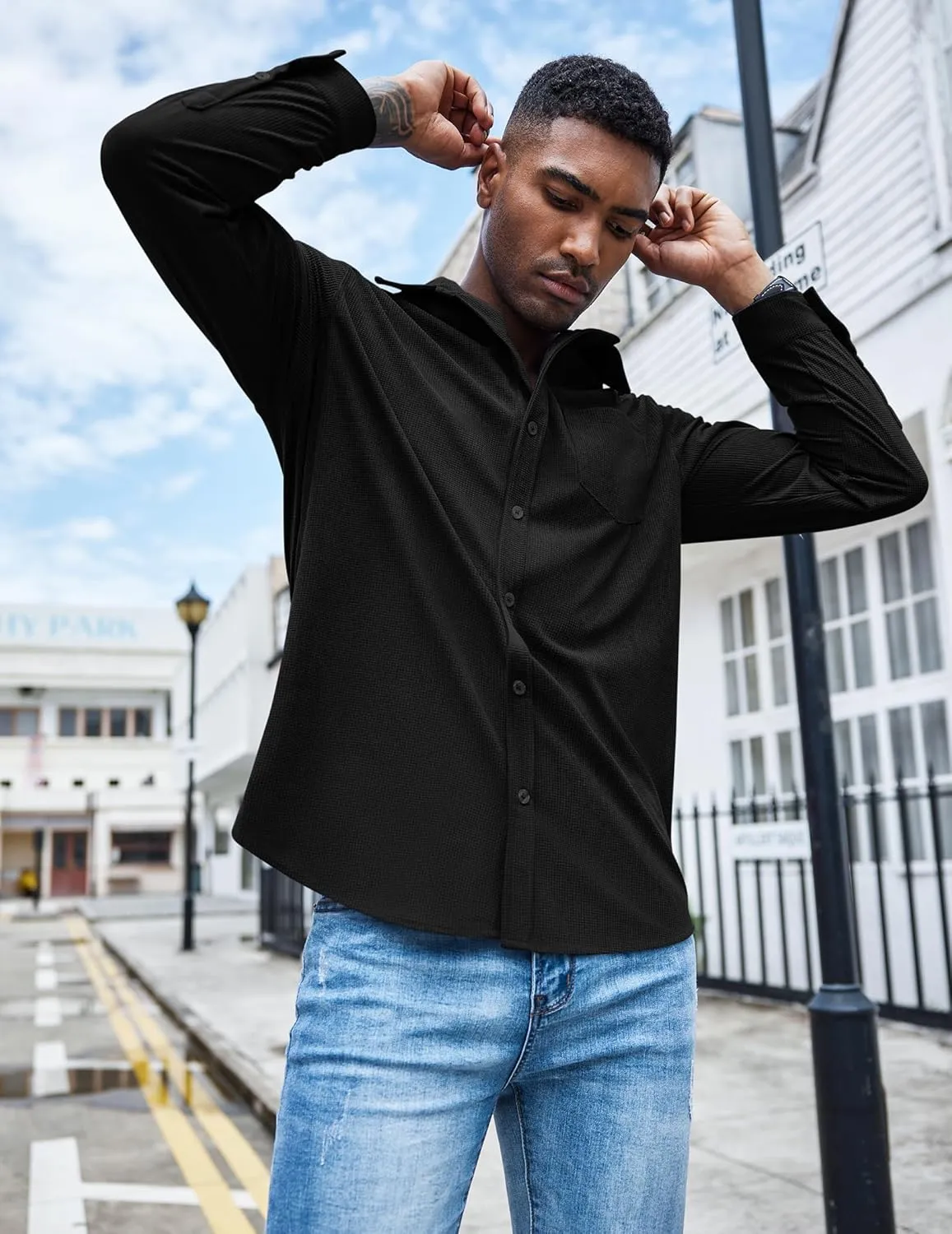 COOFANDY Men's Waffle Button Down Shirts Casual Long Sleeve Shacket Jacket with Pockets