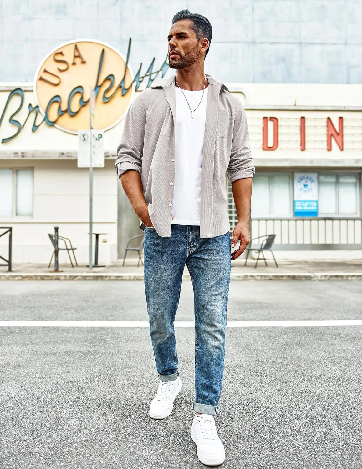 COOFANDY Men's Waffle Button Down Shirts Casual Long Sleeve Shacket Jacket with Pockets