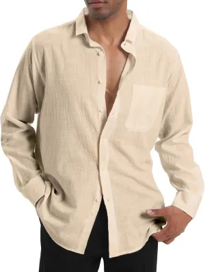 Cotton Linen Beach Shirts: Men's Casual Button Down Long Sleeve Loose Fit Dress Shirt with Pocket Tops