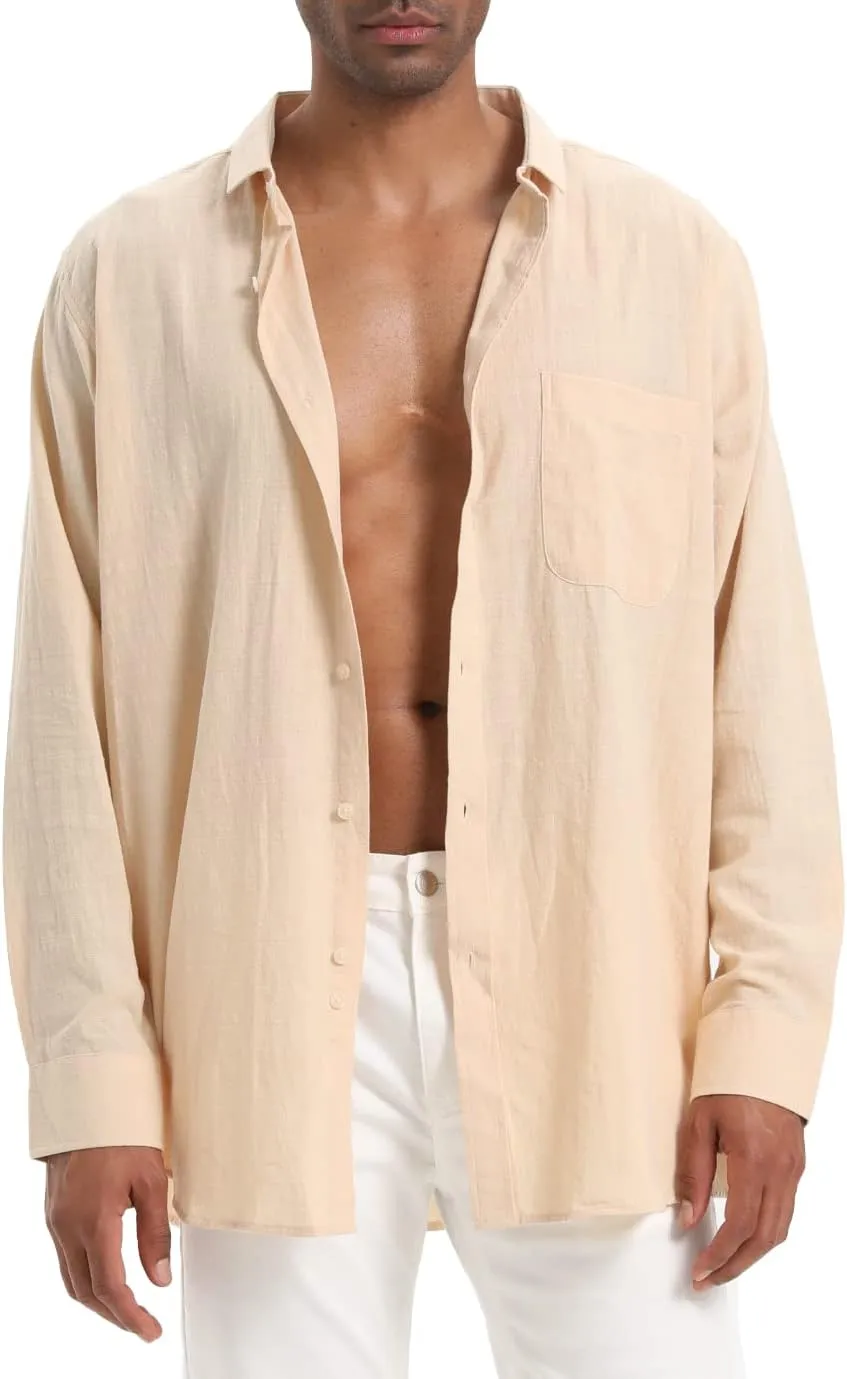 Cotton Linen Beach Shirts: Men's Casual Button Down Long Sleeve Loose Fit Dress Shirt with Pocket Tops