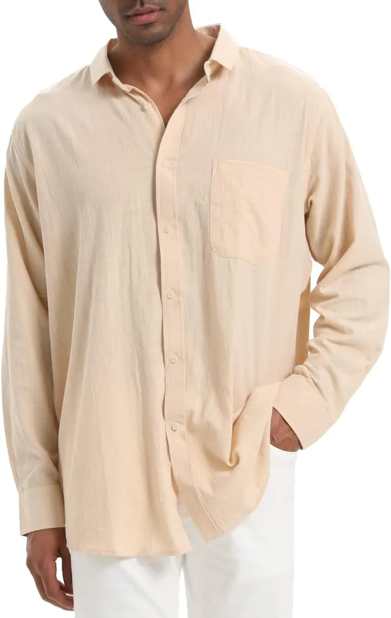 Cotton Linen Beach Shirts: Men's Casual Button Down Long Sleeve Loose Fit Dress Shirt with Pocket Tops