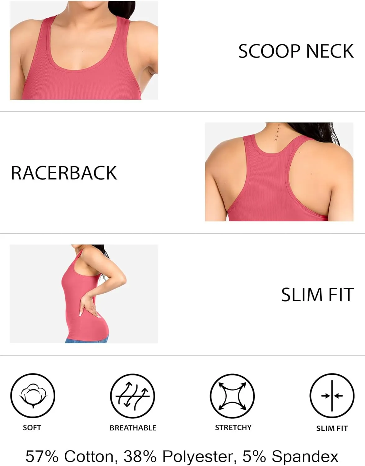 Cotton Ribbed Racerback Tank Tops for Women Basic Workout Athletic Tanks Gym Tank Top Yoga Shirts Pack 1-4