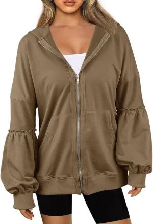 Dailiup Women Zip up Hoodies Oversized Long Sleeves Casual Sweatshirts Fall Outfit Jackets with Pocket