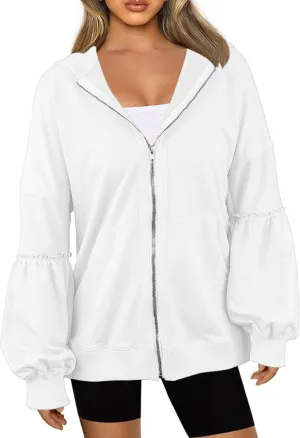 Dailiup Women Zip up Hoodies Oversized Long Sleeves Casual Sweatshirts Fall Outfit Jackets with Pocket