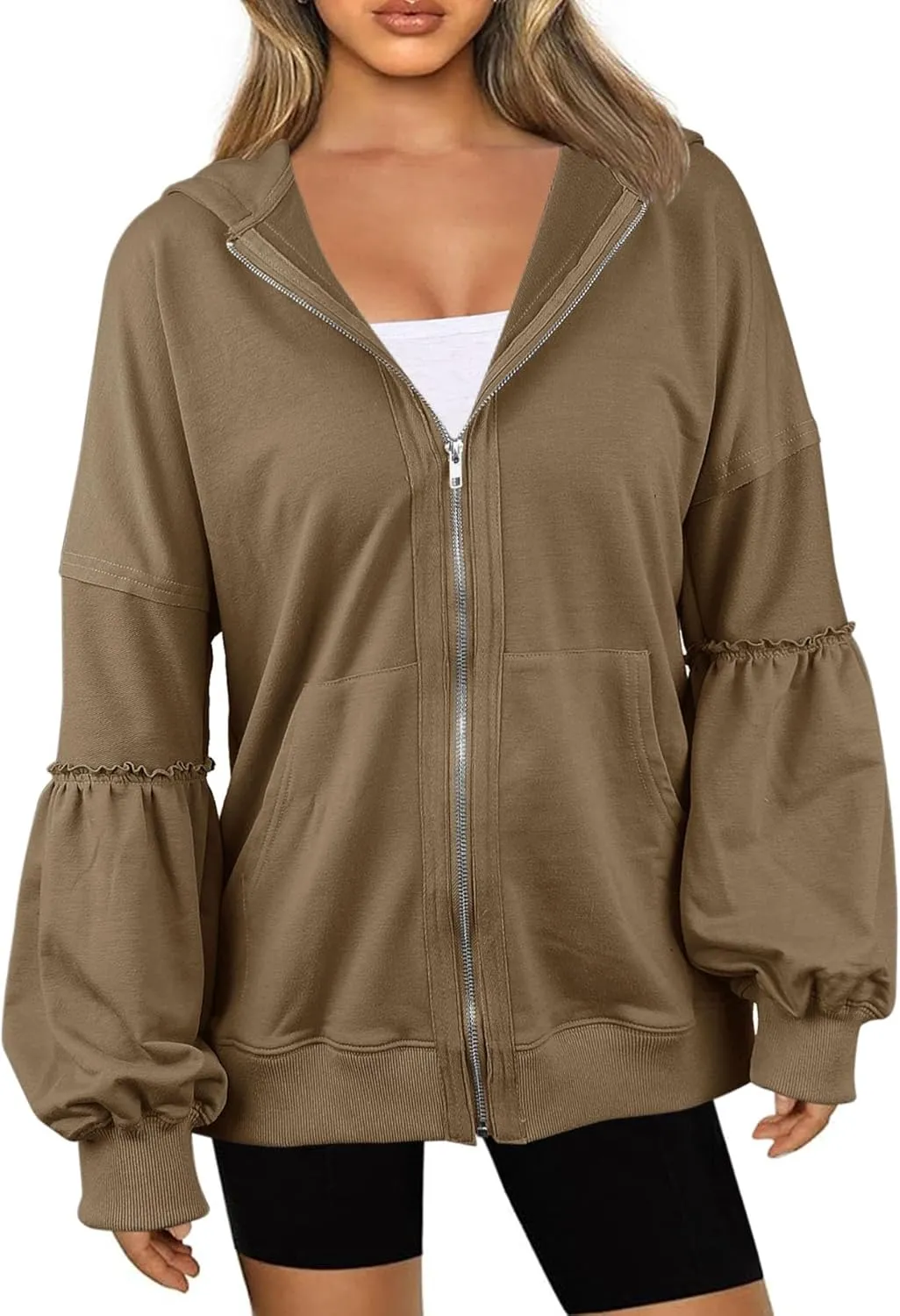 Dailiup Women Zip up Hoodies Oversized Long Sleeves Casual Sweatshirts Fall Outfit Jackets with Pocket