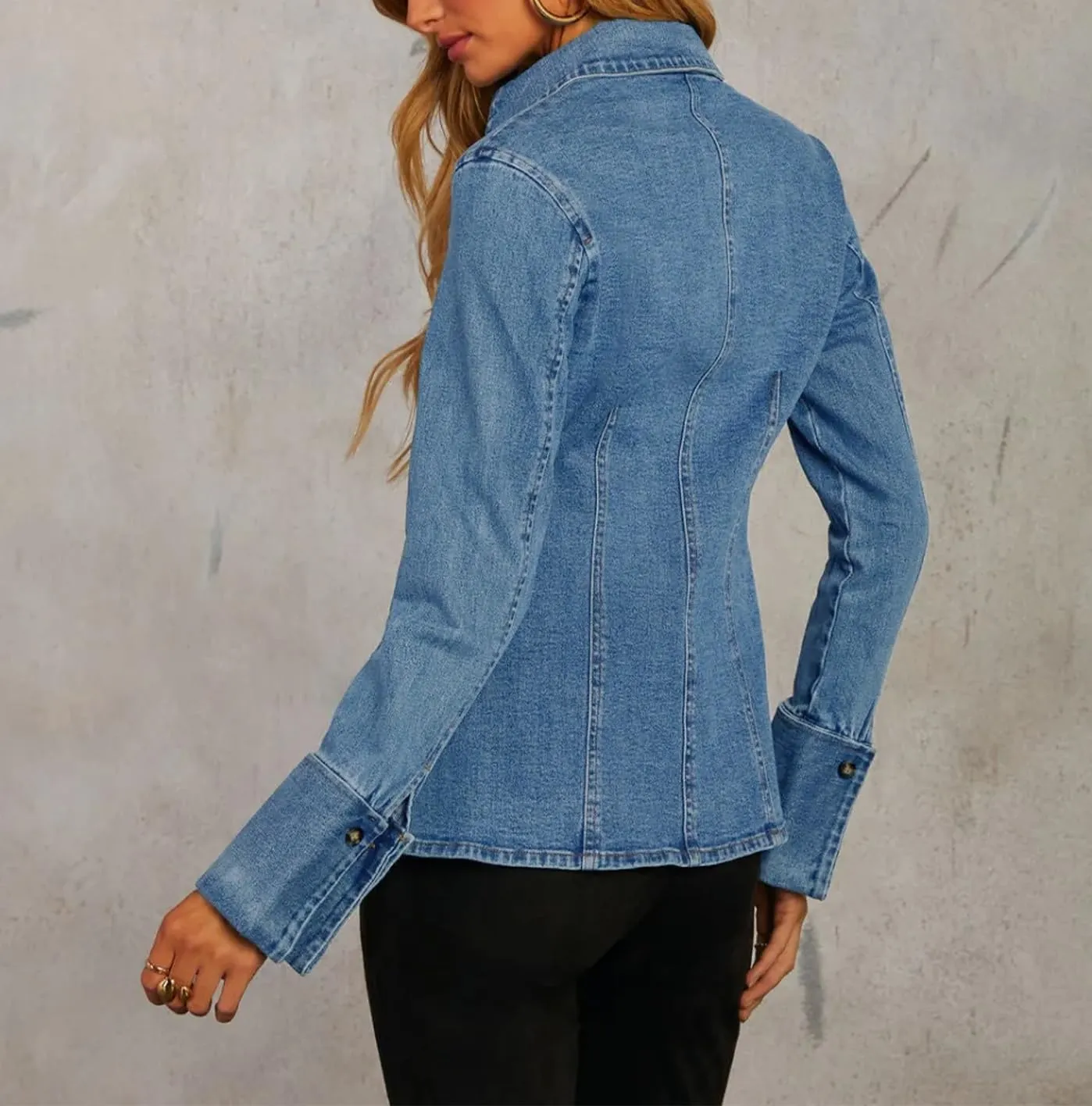 Denim Shirt Tops for Women Button Down Slim Fitted Long Sleeve V Neck Lightweight Jean Jackets