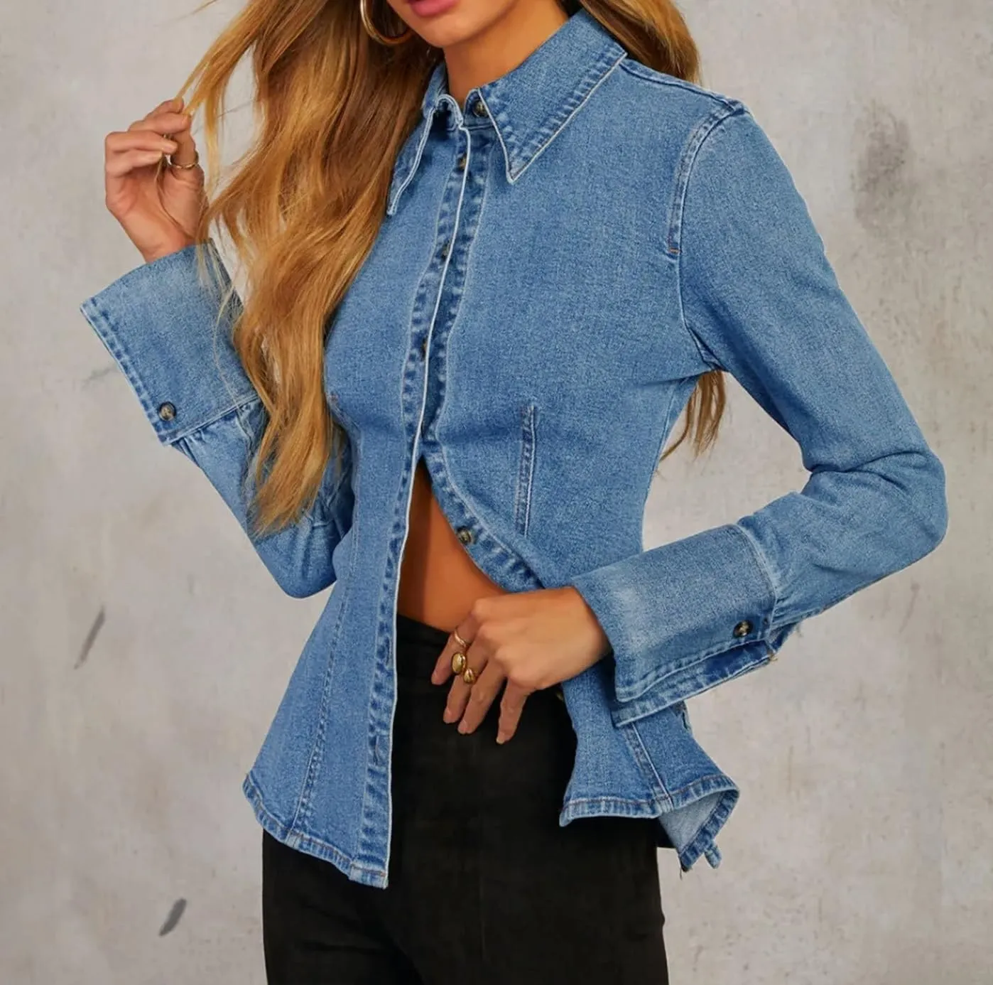 Denim Shirt Tops for Women Button Down Slim Fitted Long Sleeve V Neck Lightweight Jean Jackets