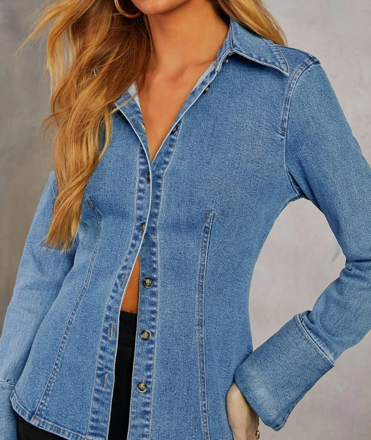 Denim Shirt Tops for Women Button Down Slim Fitted Long Sleeve V Neck Lightweight Jean Jackets