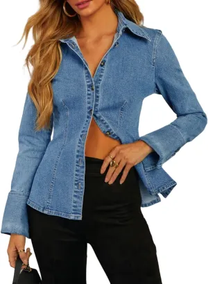 Denim Shirt Tops for Women Button Down Slim Fitted Long Sleeve V Neck Lightweight Jean Jackets