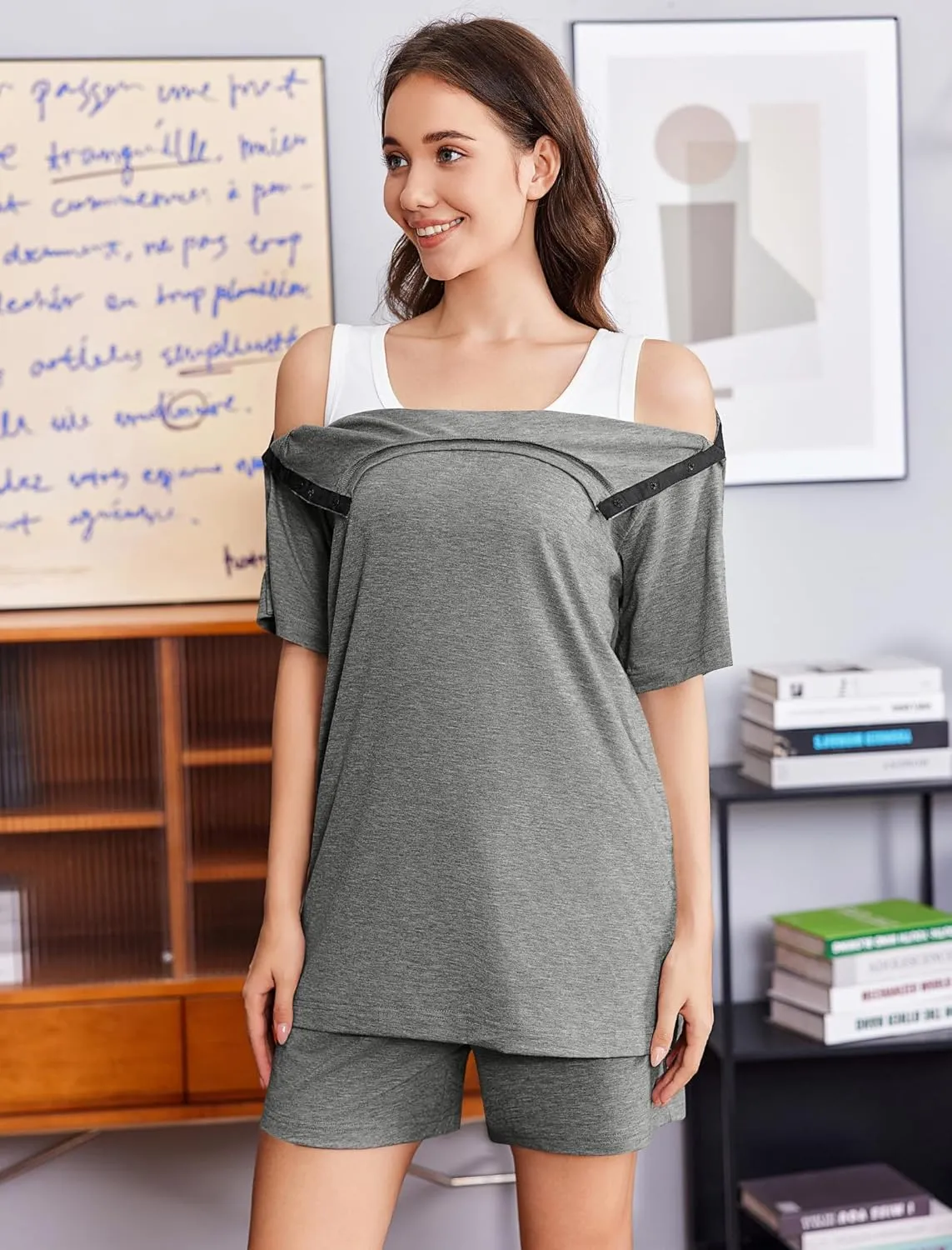 Deyeek Unisex Post Shoulder Surgery Shirts Sets Snap On Clothes for Rotator Cuff Surgery Chemo Port Access Adaptive Gowns