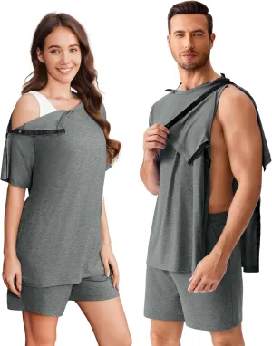 Deyeek Unisex Post Shoulder Surgery Shirts Sets Snap On Clothes for Rotator Cuff Surgery Chemo Port Access Adaptive Gowns