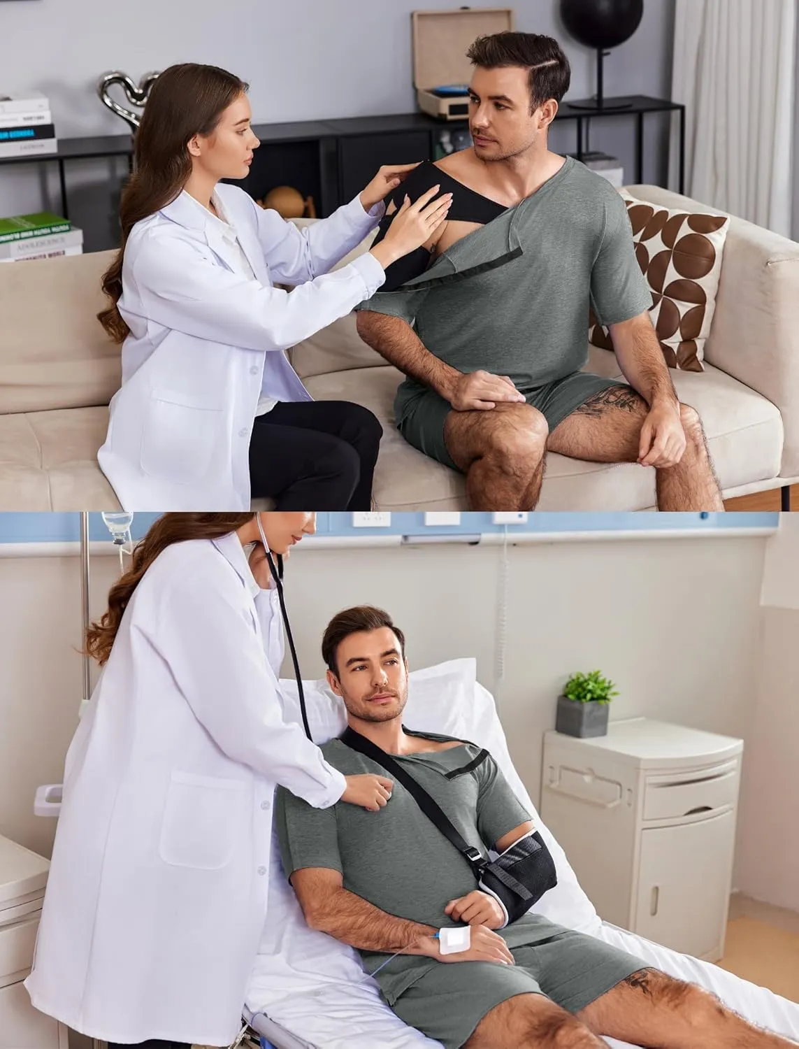 Deyeek Unisex Post Shoulder Surgery Shirts Sets Snap On Clothes for Rotator Cuff Surgery Chemo Port Access Adaptive Gowns