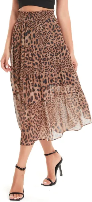 DIASHINY Women's Boho Printed High Waist Pleated Layered Elastic Waist A Line Long Skirt