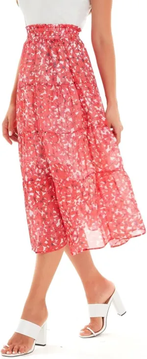 DIASHINY Women's Boho Printed High Waist Pleated Layered Elastic Waist A Line Long Skirt
