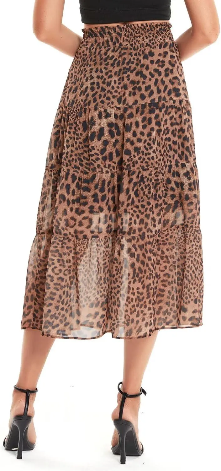 DIASHINY Women's Boho Printed High Waist Pleated Layered Elastic Waist A Line Long Skirt