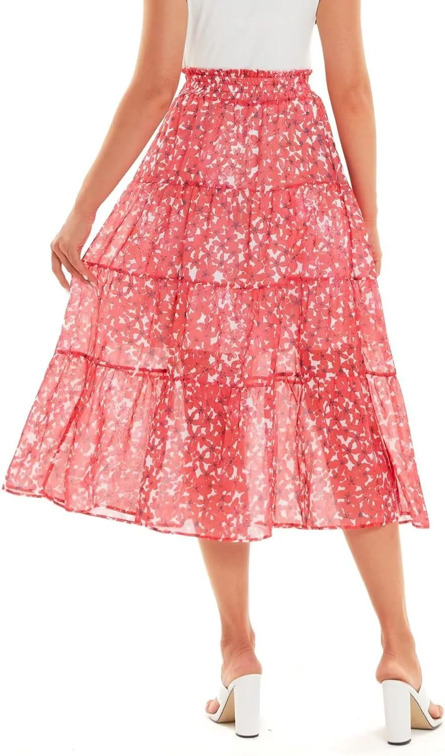 DIASHINY Women's Boho Printed High Waist Pleated Layered Elastic Waist A Line Long Skirt