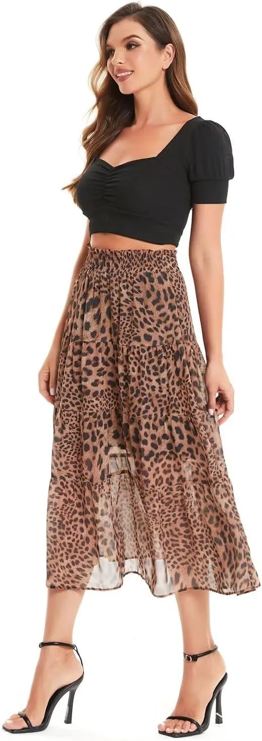 DIASHINY Women's Boho Printed High Waist Pleated Layered Elastic Waist A Line Long Skirt