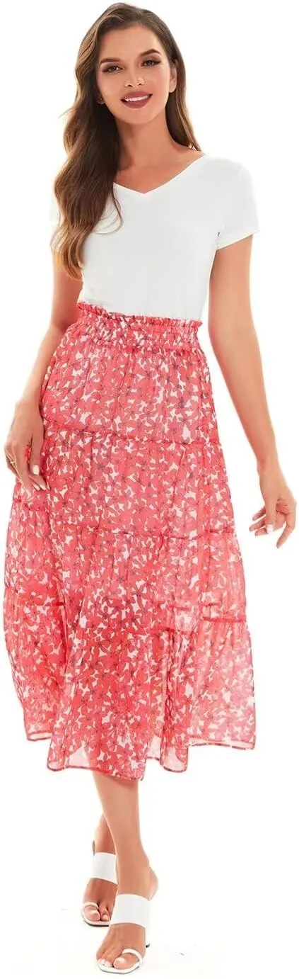 DIASHINY Women's Boho Printed High Waist Pleated Layered Elastic Waist A Line Long Skirt