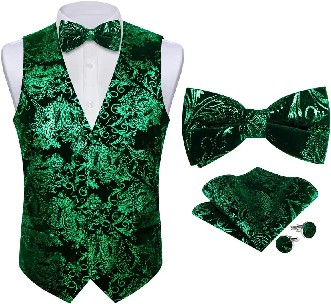 DiBanGu Mens Velvet Vest Set Classic Hot-Stamped Paisley Dress Waistcoat and Bow Tie Pocket Square Cufflinks Prom Party