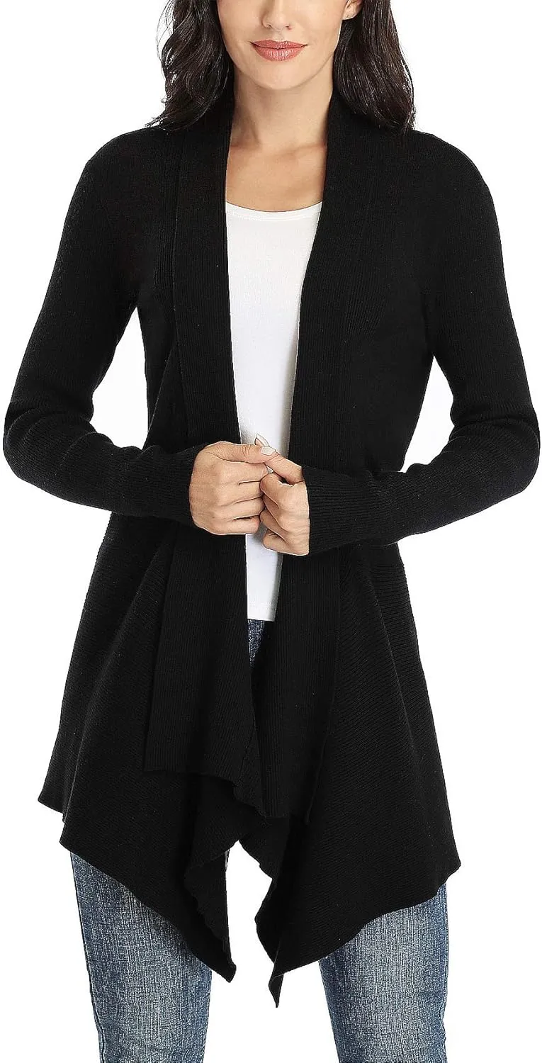 Dilgul Women Open Front Ribbed Drape Long Sleeve Cascading Cardigan Sweater