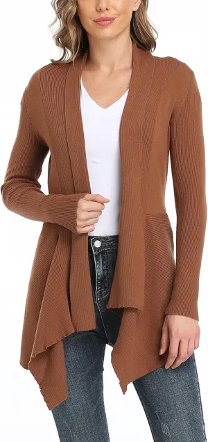 Dilgul Women Open Front Ribbed Drape Long Sleeve Cascading Cardigan Sweater