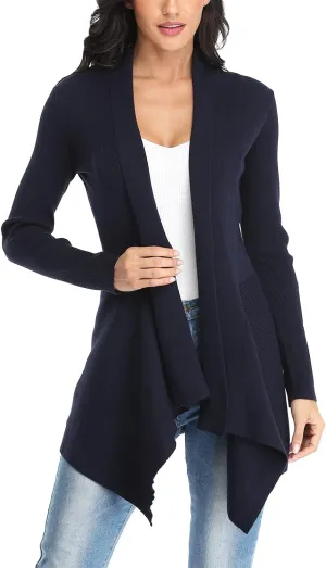 Dilgul Women Open Front Ribbed Drape Long Sleeve Cascading Cardigan Sweater